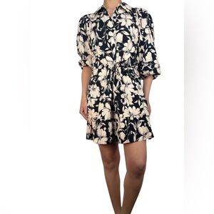 Zara Black & Cream Floral Point Collar Fit Flare A-line Puff Sleeve Mini DressXS